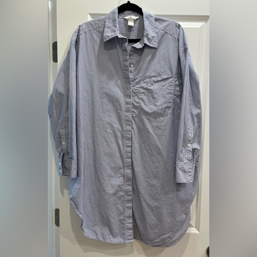 Oversized white and blue striped button up shirt
